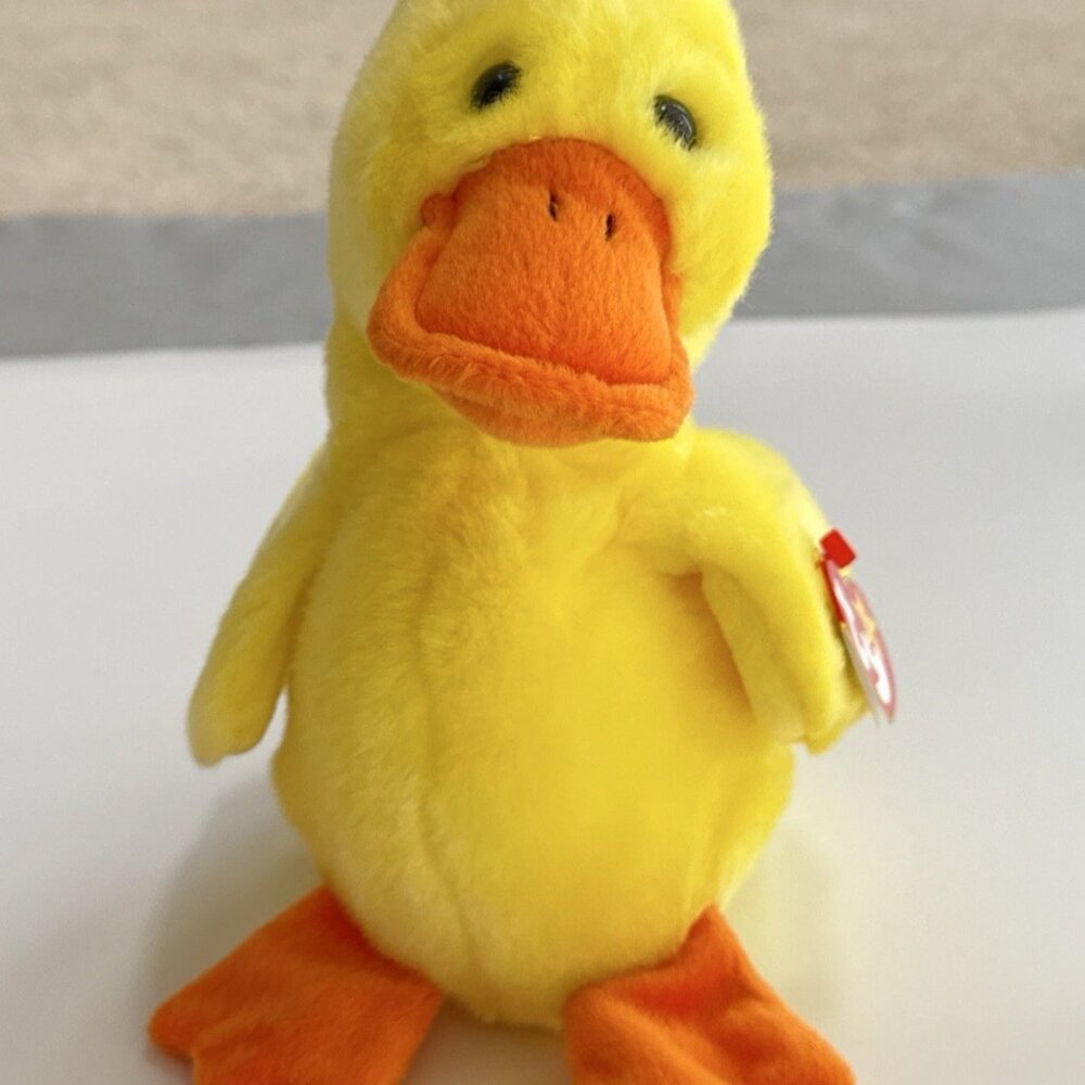 Quackers Duck Yellow Body Orange Beak Feet 1998 10" Vintage TY Beanie Buddy